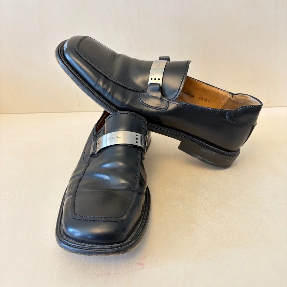 Mezlan Bit Loafers Mens 11 Shoes Black Leather Metal Hardware Square Toe Spain